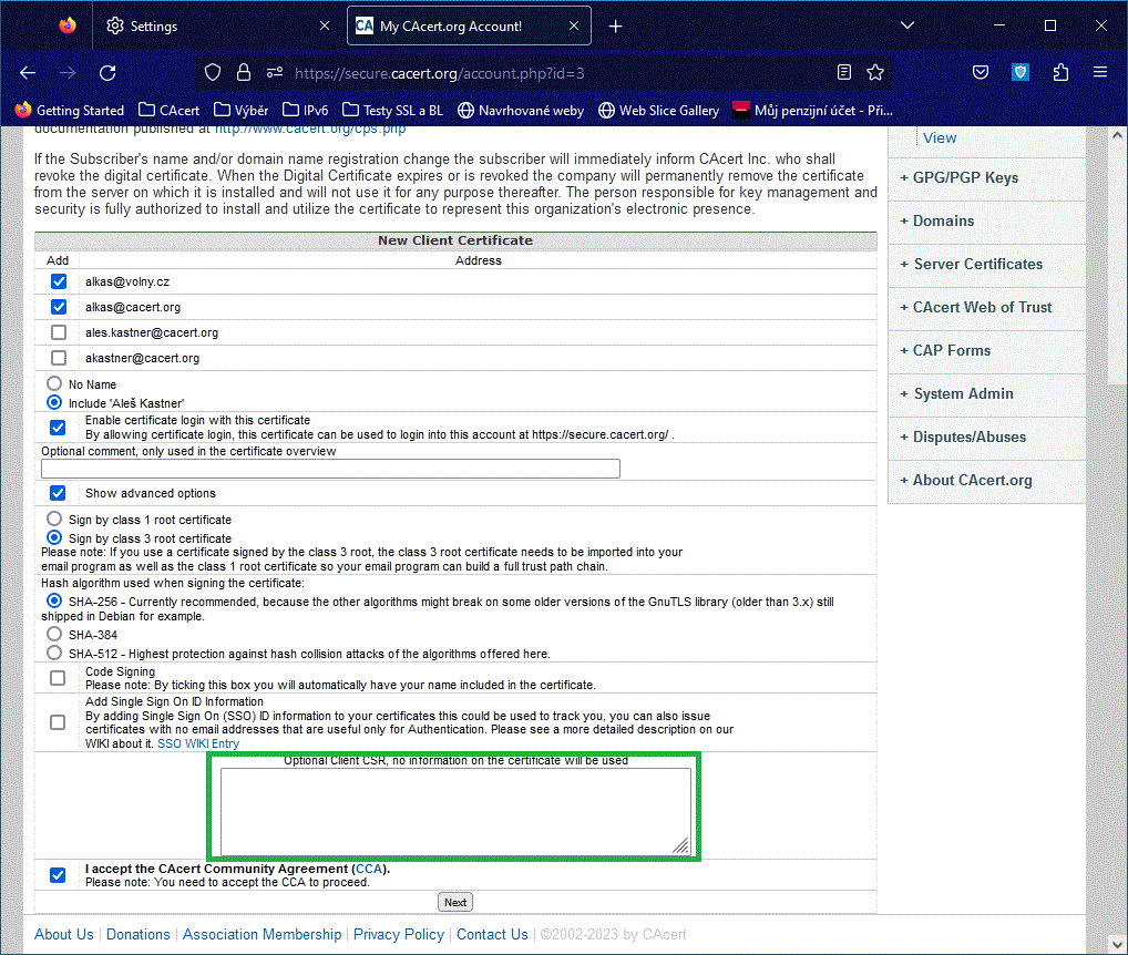 New certificate - 2nd screen