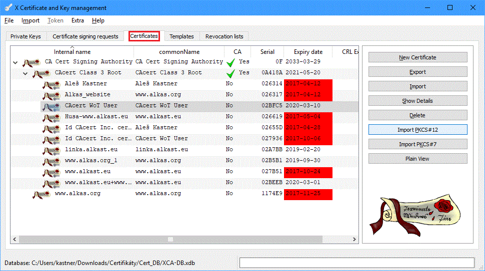 XCA windows with certificates