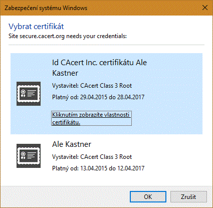 Výběr certifikátu - IE