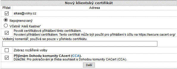 Nastavte vlastnosti pro nový klientský certifikát