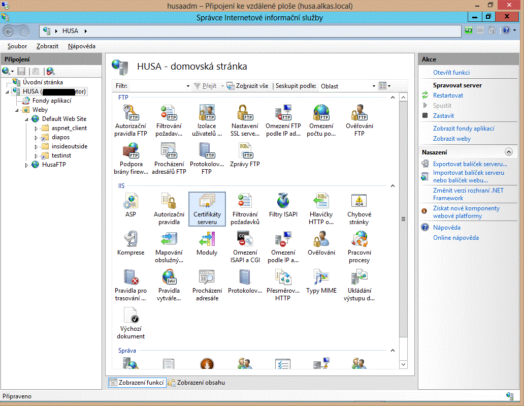 Certifikáty serveru v IIS8