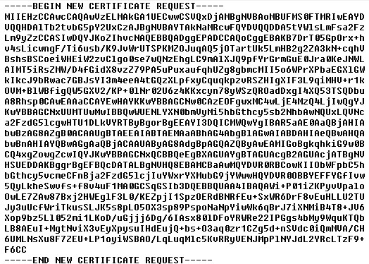 CSR encoded into ASCII characters using the Base64 method, with the bounded lines