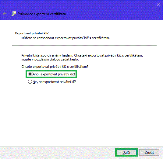 Výběr pro export s privátním klíčem