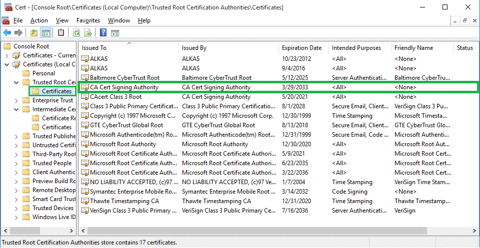 The root certificate (class 1)