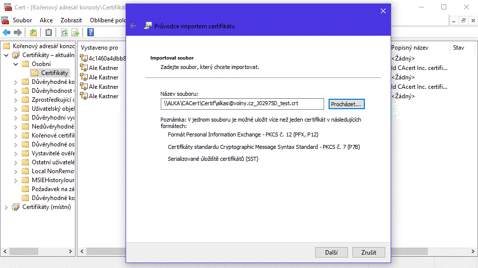 Výběr souboru s certifikátem pro import
