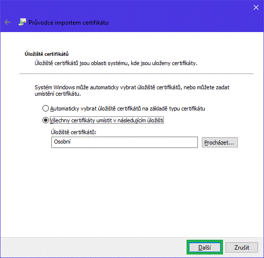 Umístění certifikátu v úložišti systému