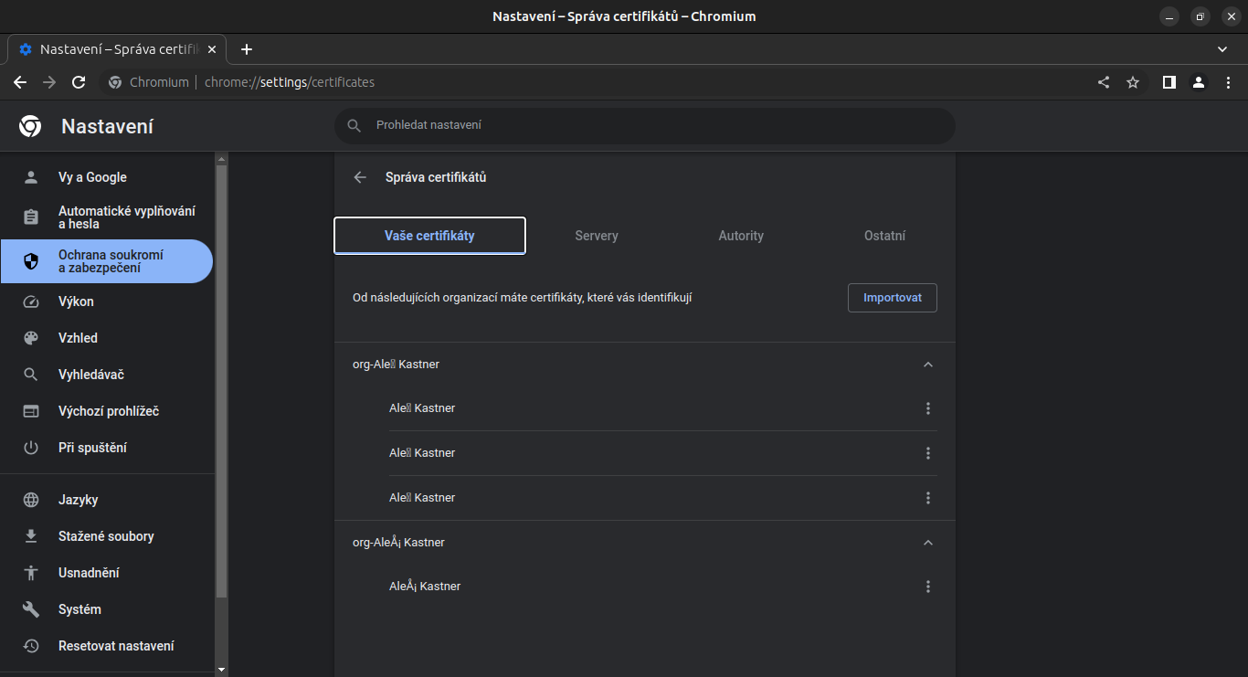 Správce certifikátů Chrome - osobní pod autoritami