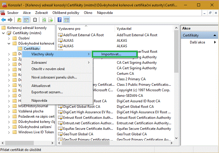 Import kořenového certifikátu