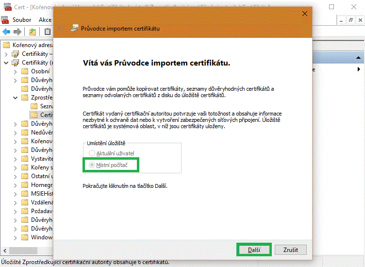 Import zprostředkujícího certifikátu