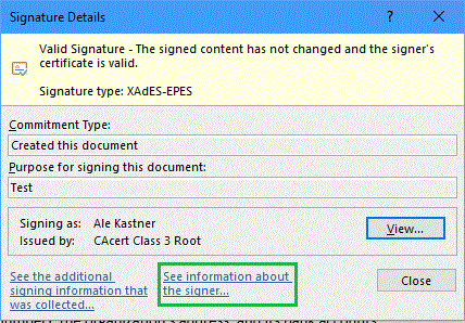 This dialog announces a digitally signed document