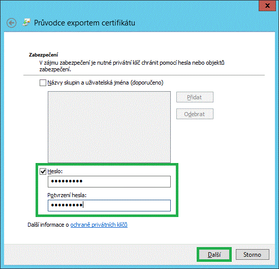 Export - heslo privátního klíče