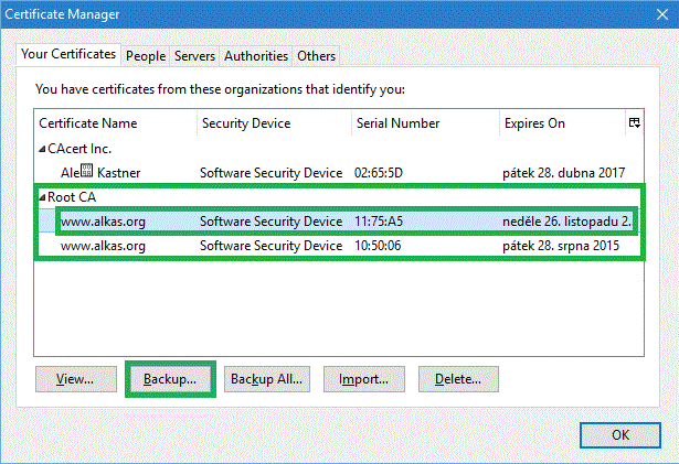 Check of the imported certificates