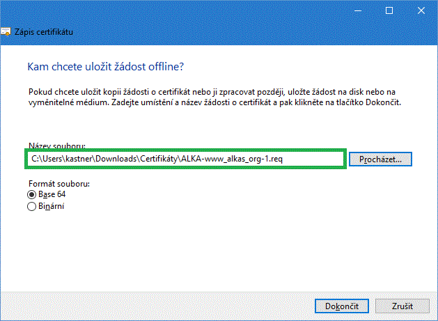 Uložení žádosti o certifikát