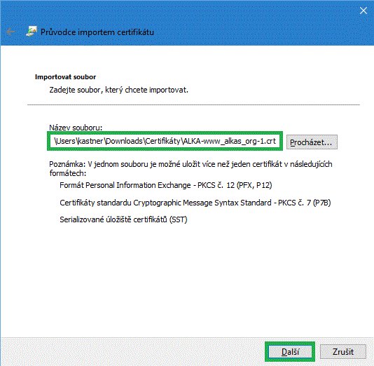 Zadání souboru certifikátu