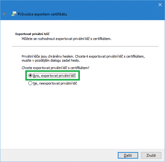 Exportovat i s privátním klíčem