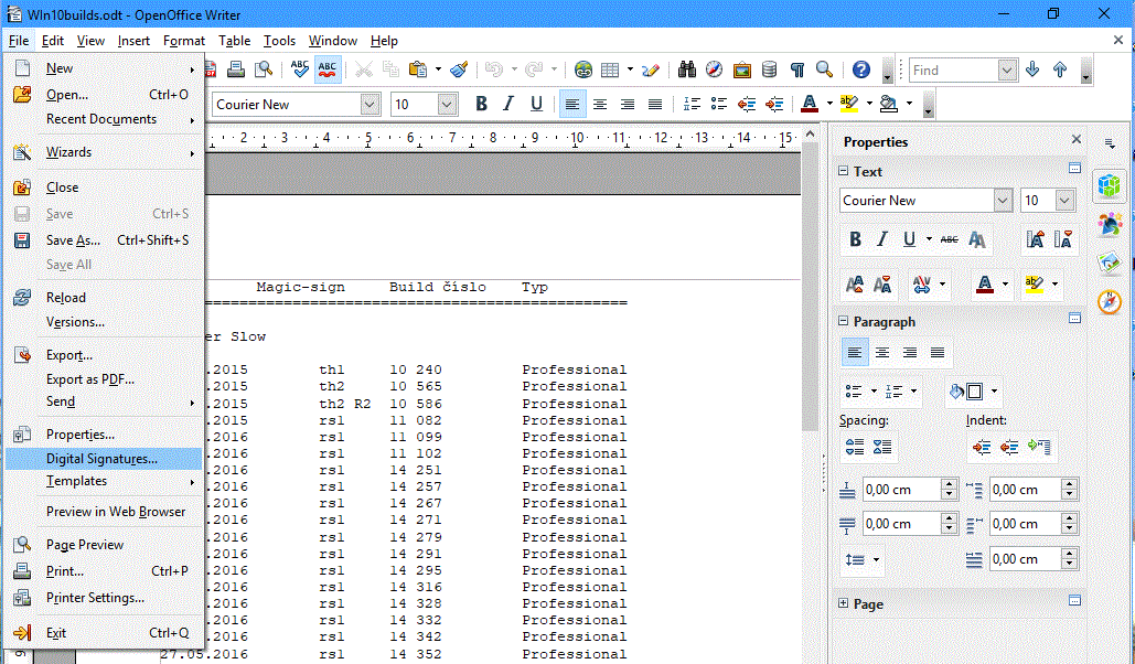 Digital signing menu in OpenOffice